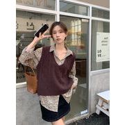 ins超人気  ★レトロ プリント ヒョウシャツ ルーズロングスリーブ+Vネックベスト