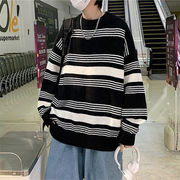 韓国ファッション 冬 レトロ ゆったりする 厚手 ボーダー 長袖 セーター カジュアル ファッション
