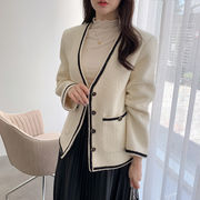 【2021INS 新作】気質 優しい Vネック シンプル長袖 カジュアル トップス ツイード服地 コート韓国風