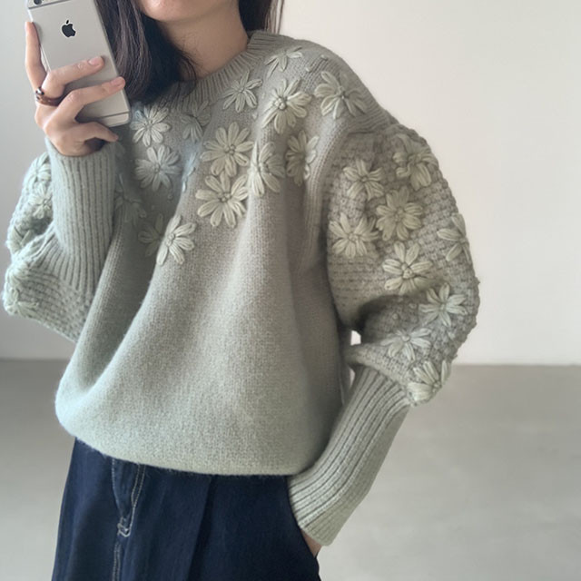 【2021INS 新作】韓国風 可愛い 優しい 長袖 雛菊刺しゅう飾り ニットセーター カジュアル トップス