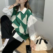 【2021INS 新作】個性的 設計感 シンプル長袖 シングルブレスト ブラウス+幾何学模様柄 ニットセーター