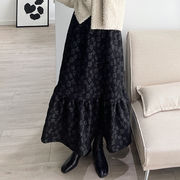 新作 レトロ フリル 大きい裾 大きいサイズ ハイウエスト ブラック Aライン ロングスカート