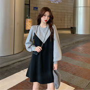偽の長袖ワンピース韓国版新型ゆるいファッションのつなぎ合わせスカート