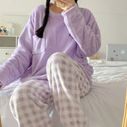 韓国  チェックのパジャマ  女  長袖  ズボン  秋冬  カジュアル  学生  ホームスーツ