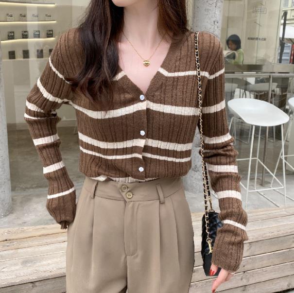 秋冬新作 レディース 女 トップス Vネック ボーダー ニット セーター Tシャツ インナー カットソー Www Watsons Biz Id