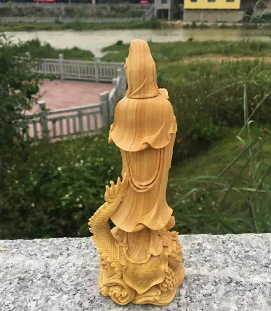 セール✨仏像美術品　白楠木彫り　H58cm　大型龍上滴水観音様の立像　開運縁起物 Amazon｜観音菩薩の乗馬龍像観音菩薩彫刻中国風水ホーム