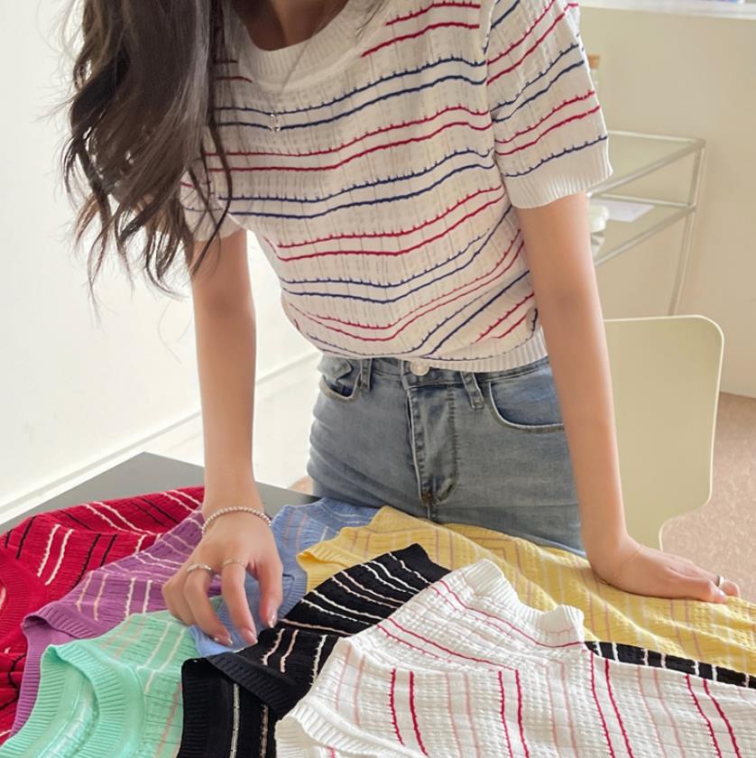 2022春夏新作 レディース 女 半袖 ボーダー柄 ニット トップス Tシャツ インナー カットソー 8色 - www.watsons.biz.id