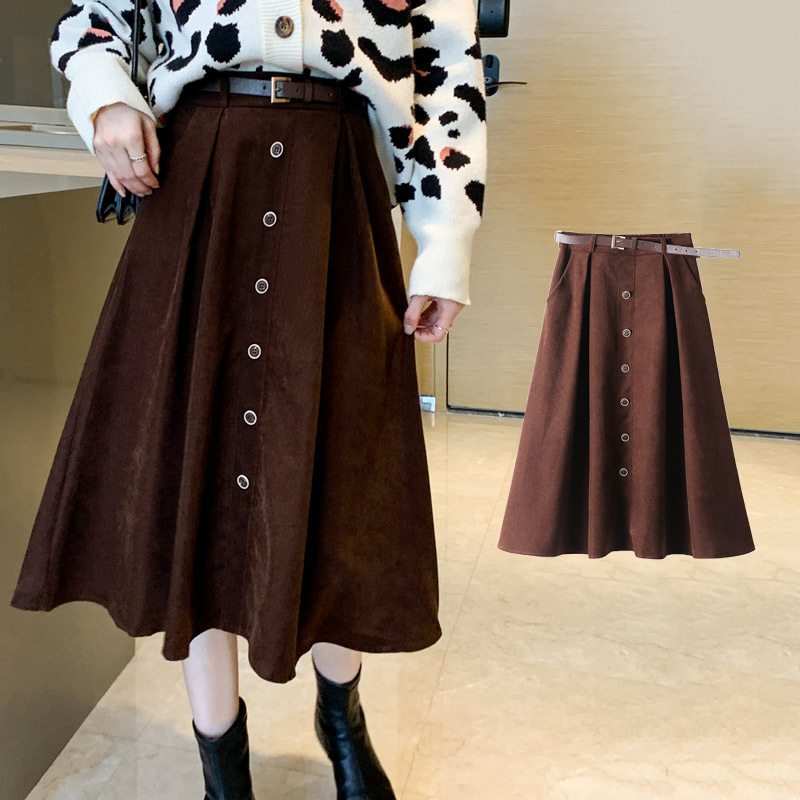 お洒落カジュアルゆったり秋冬フレアスカート飾りボタンポケット付きY153タックミモレ丈ミディアムスカート