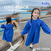 2022新作 韓国子供服 女の子 キッズ ワンピース 青 ブルー 大きめ襟 襟つき かわいい パフスリーブ