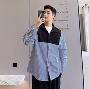 INSスタイル ストライプ シャツメンズ 韓国 長袖 トレンド ゆったりする 縫付 スタンドカラー バーカー