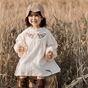 2022春夏新作  韓国風子供服  ベビー服  長袖 ワンピース  ふわふわ袖  刺繍  女の子  可愛い  2色