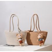 韓国レディースバッグ 手編み シンプル 手提げ鞄 ショルダーバッグ 麦わらバッグ 可愛い熊