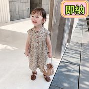 「即納」キッズつなぎ オールインワン ボタニカル総柄 韓国風子供服 サロペット 女の子夏物