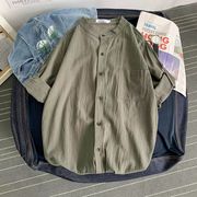 2022夏メンズ  無地 半袖 シャツ  綿とリネンのシャツ  ルーズシャツ スタンドカラー   快適である【3色】
