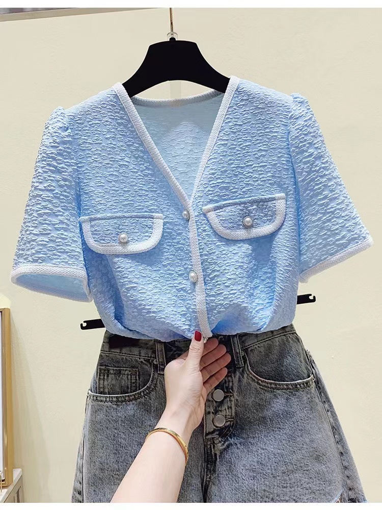 2022夏新作 韓国ファッション   レディース 気質 トップス  Vネック  半袖 Ｔシャツ　ブラウス  通勤