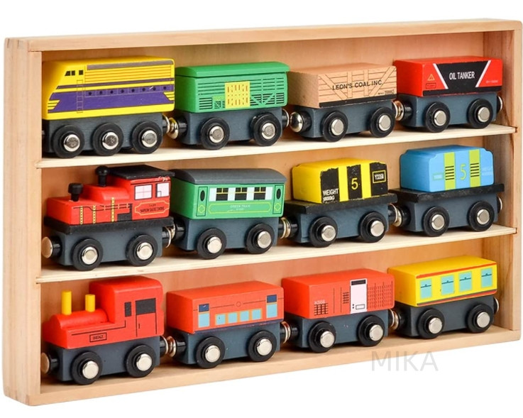 ミニカー セットおもちゃ 木製 車おもちゃ 12種類 列車 磁石式 慣性車