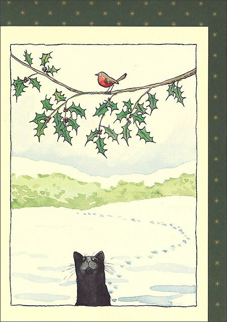 グリーティングカード クリスマス「コマドリとネコ」メッセージカード 猫小鳥