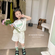 2022 夏新作 韓国子供服 INS 人気 カジュアルスーツ アルファベットプリント 半袖+ショートパンツ 2色