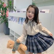 秋新作　女の子　２点セット　韓国子供服　シャツ　チェックスカート　セットアップ　可愛い　子供服