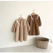 秋　女の子　無地ワンピース　ダックネック　パフスリープ　レース　子供服　おしゃれ　ワンピース