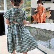 夏新作　キッズワンピース　女の子　子供服　夏　格子　チェック　ワンピース　韓国ファッション