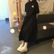 人気ドレスレディースサマー半袖ミドルスカート韓国版Aラインスカート刺繍リトルブラックドレス2wayワ