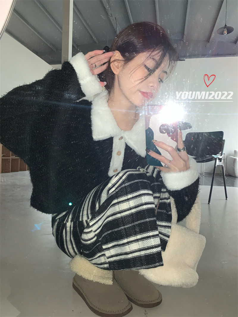 2022冬INS★ファッション　韓国風  　シック  エレガント コート+チェックスカート