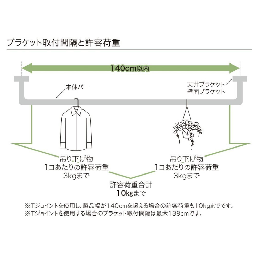 掛けて収納を綺麗に】ハンギングバーH-1 ブラック〔天井付けCタイプ