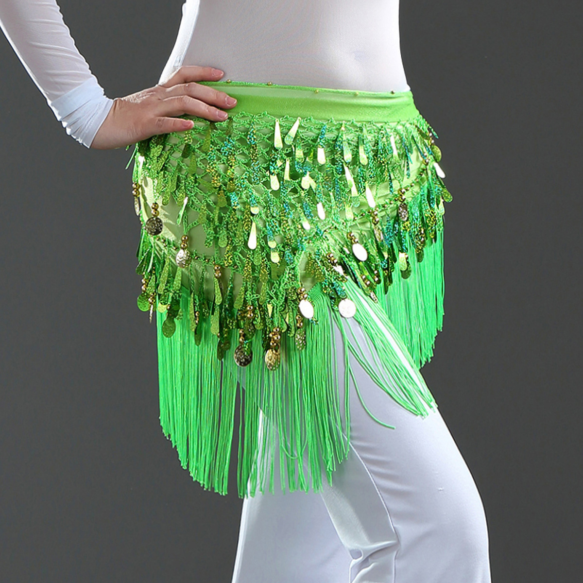 ベリーダンス衣装 インドダンス ヒップスカーフ コスチューム タッセル スパンコール コイン＆ビーズ 9色