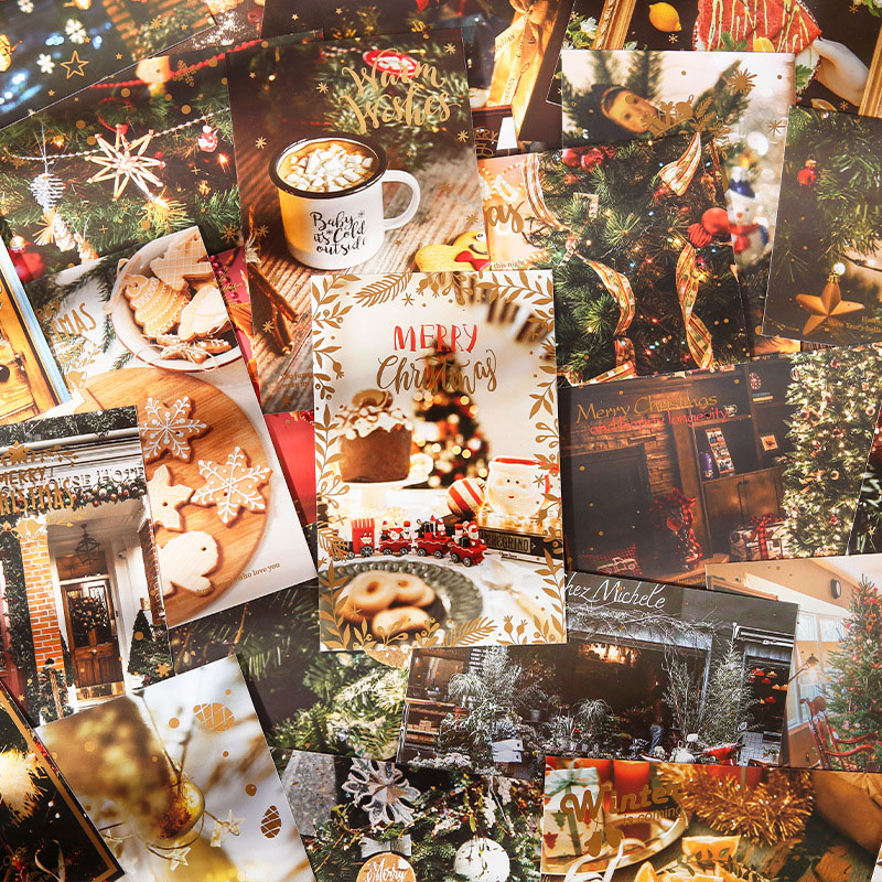 ポストカード 葉書 手帳素材 アンティーク 祝い カード Xmasクリスマス サンタ 写真撮影 花葉食べ物 30枚入