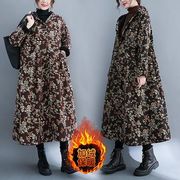 XY3色韓版冬の新型復古文芸綿麻プリントとダウン帽子コートのロングスカートのコートJGX