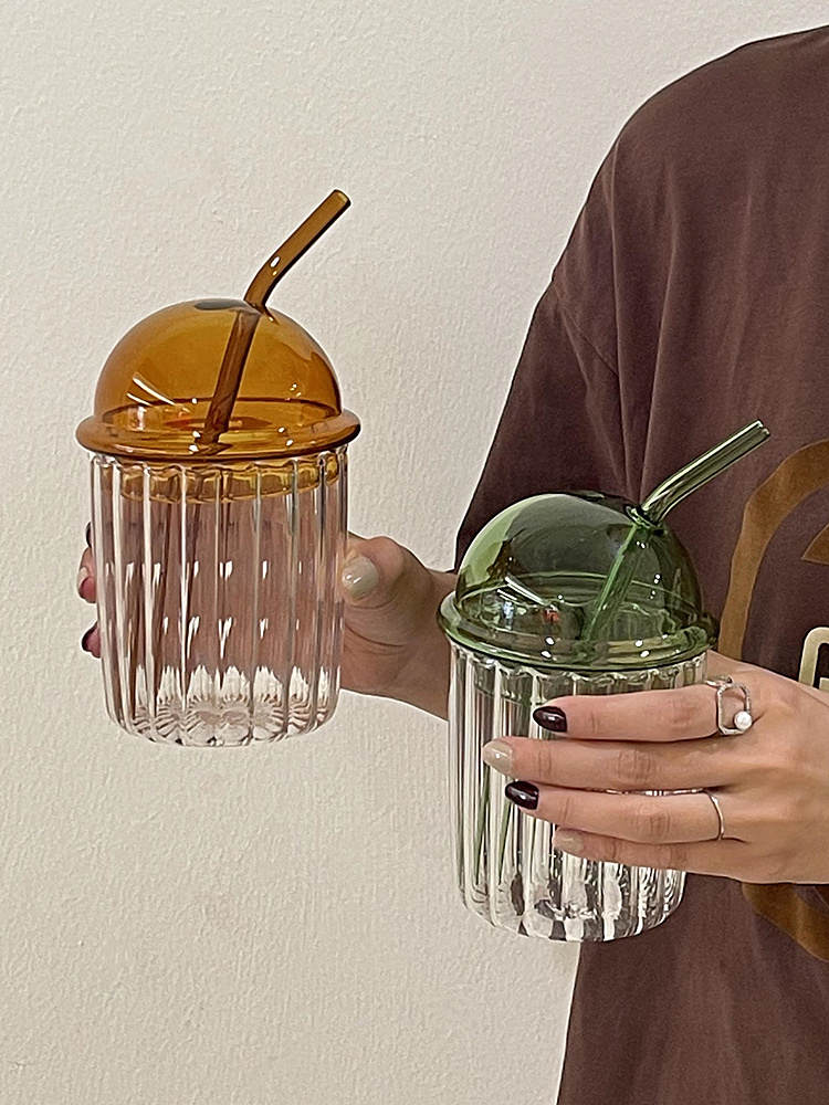 選べる3色 ストライプ ガラス ストローカップ 耐熱 コーヒーカップ 可愛い 蓋付き ジュース 気泡水カップ