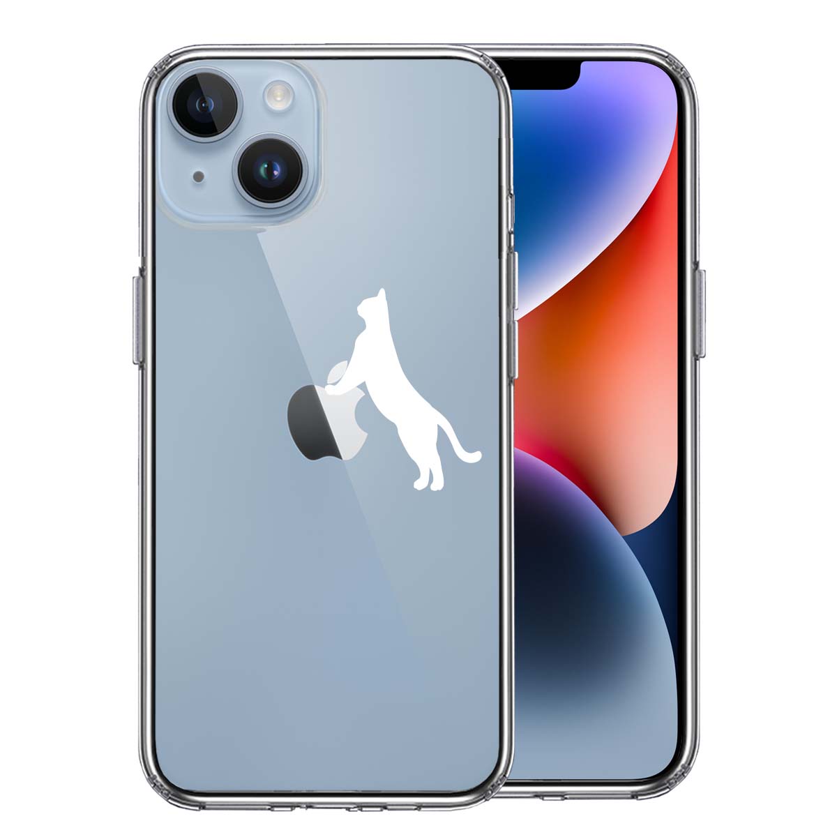 iPhone 14 Plus 側面ソフト 背面ハード ハイブリッド クリア ケース ねこ 猫 リンゴで伸び  ホワイト