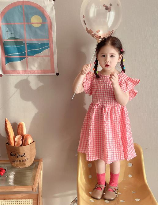 韓国風子供服 子供服 キッズ  半袖  トップス  ベビー服  チェック柄スカートワンピース 女の子