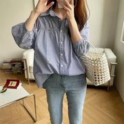 2023デザイン感シャツ女薄手タイプ秋の韓国バブルスリーブ引き紐七分袖ストライプシャツ