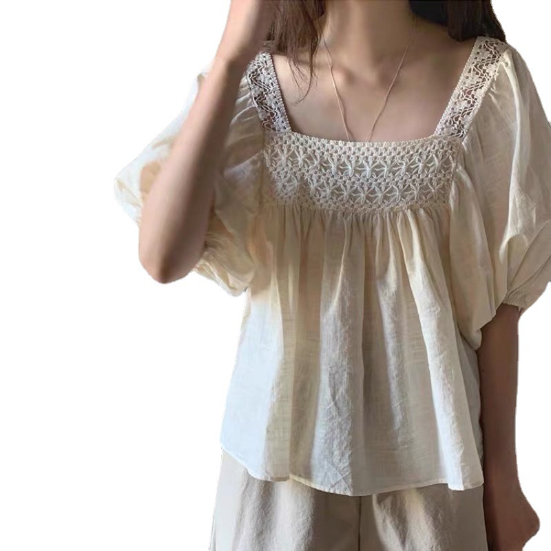 2023韓国透かし彫り鎖骨角襟ドールシャツ女性の夏のゆったりバブルスリーブ