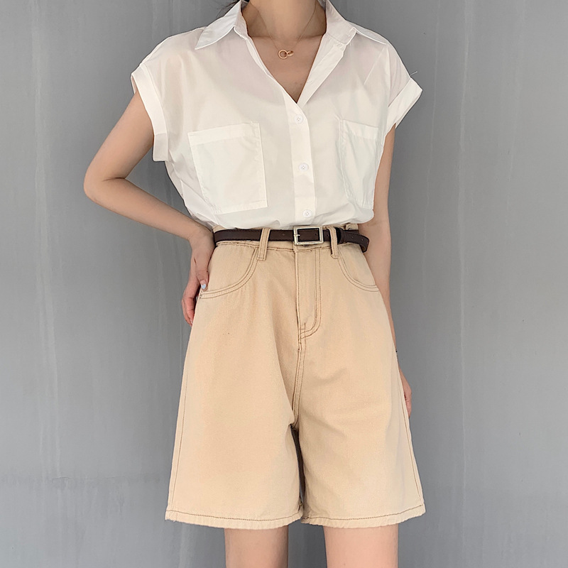 リアル撮り夏の新作白い半袖シャツ女性薄手ゆったりレトロ香港風トップス