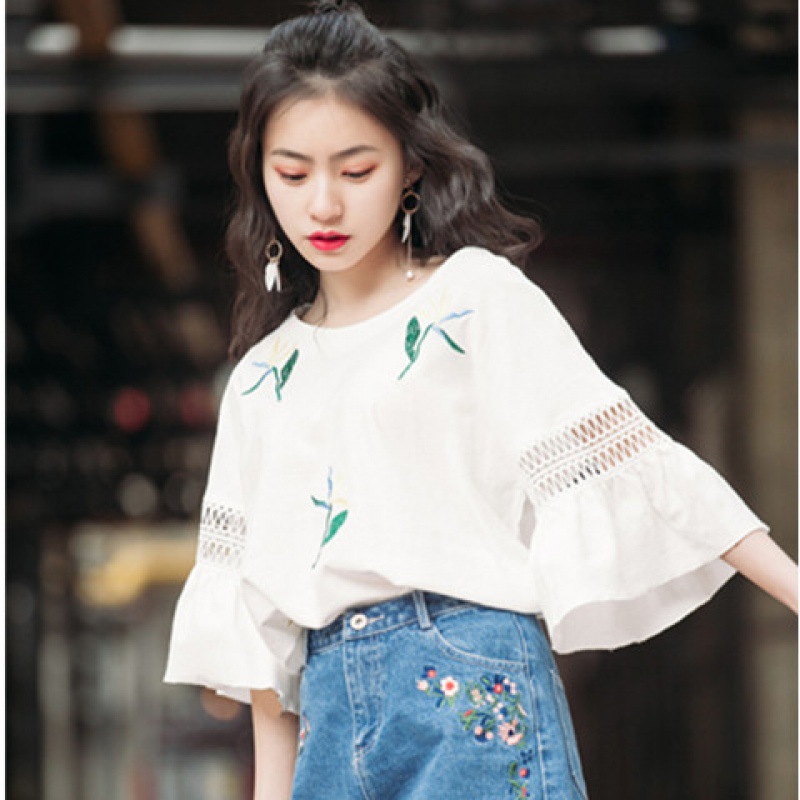 韓国夏服フリル透かしレースフレアスリーブトップス女子学生プリントゆったり半袖Tシャツ