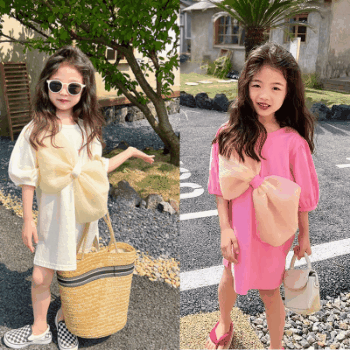 お勧め 春夏新作 韓国風 子供服 3-8歳女の子 半袖ワンピース リボン ワンピ ロングTシャツ 2色 5-13