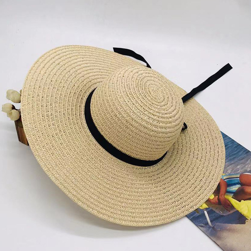 春夏韓国レディースビーチアウトドア太陽帽子大ひさしリボン日焼け止めドーム薄型麦わら帽子