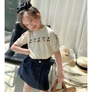 2023 夏新作 女の子 サクランボ 刺繍 ニット 半袖+デニムスカート   スカート セット  子供服