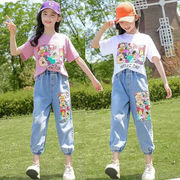 キッズセットアップ　カラフルTシャツ　デニムパンツ　韓国風子供服　お洒落　女の子夏物　