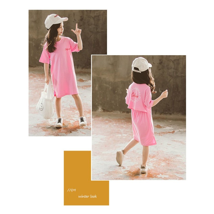 韓国子供服 ワンピース 女の子 夏服 丸首 Tシャツワンピース ロングTシャツ 個性プリント