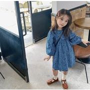 韓国風子供服 　ワンピース  キッズ   ブルー  花柄  ワンピース  女の子   長袖