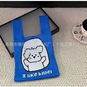 韓国風   レディース  ハンドバッグ   ニットバッグ   大容量   バッグ   収納バッグ 犬 ブルー