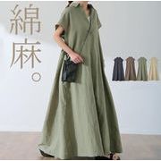 9513ロッテ韓国風シングルスカートトップ半袖綿麻ワンピース女性ゆったり襟めくりファッション