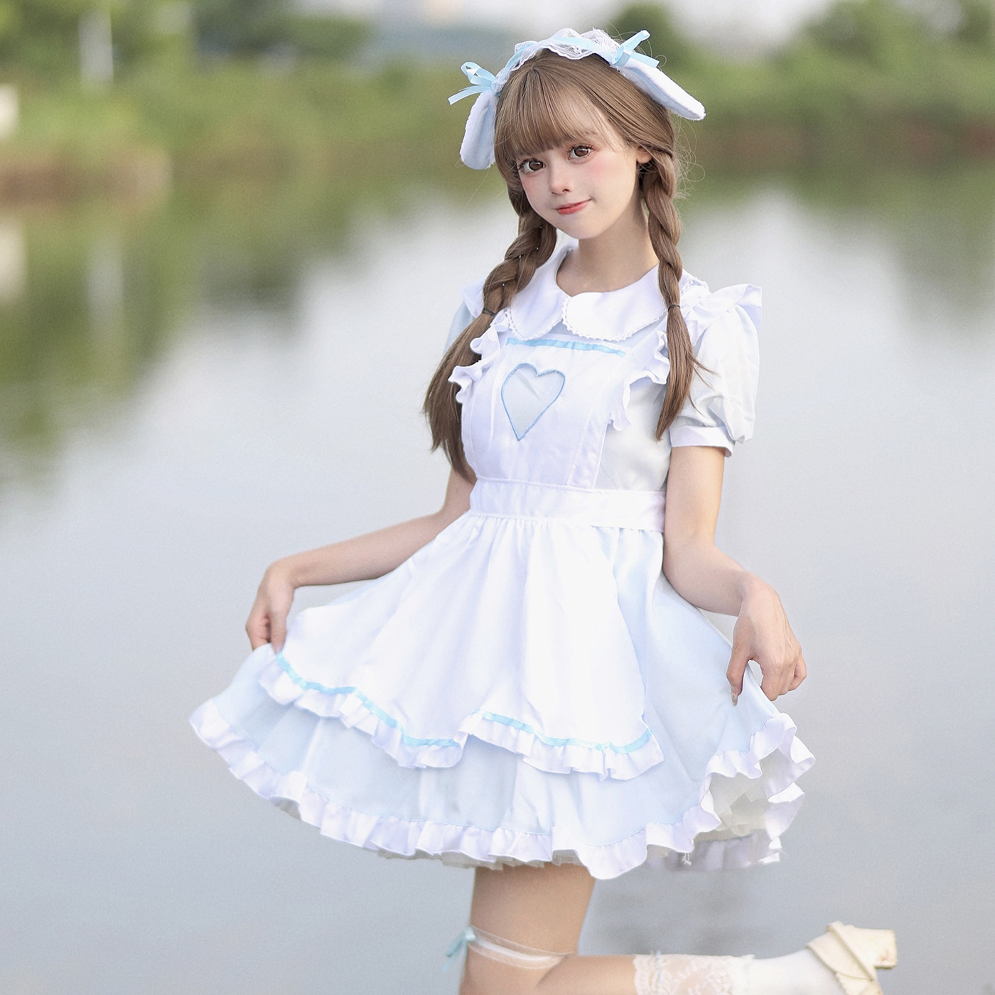 ★S～6L大きいサイズ★胸元可愛いハートコスプレ ウサギ耳カチューシャ　メイド服  5set