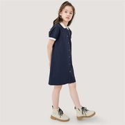 シャツワンピース 半袖 ロングワンピース 裾ラウンドカット子供服 無地 シンプルコットン