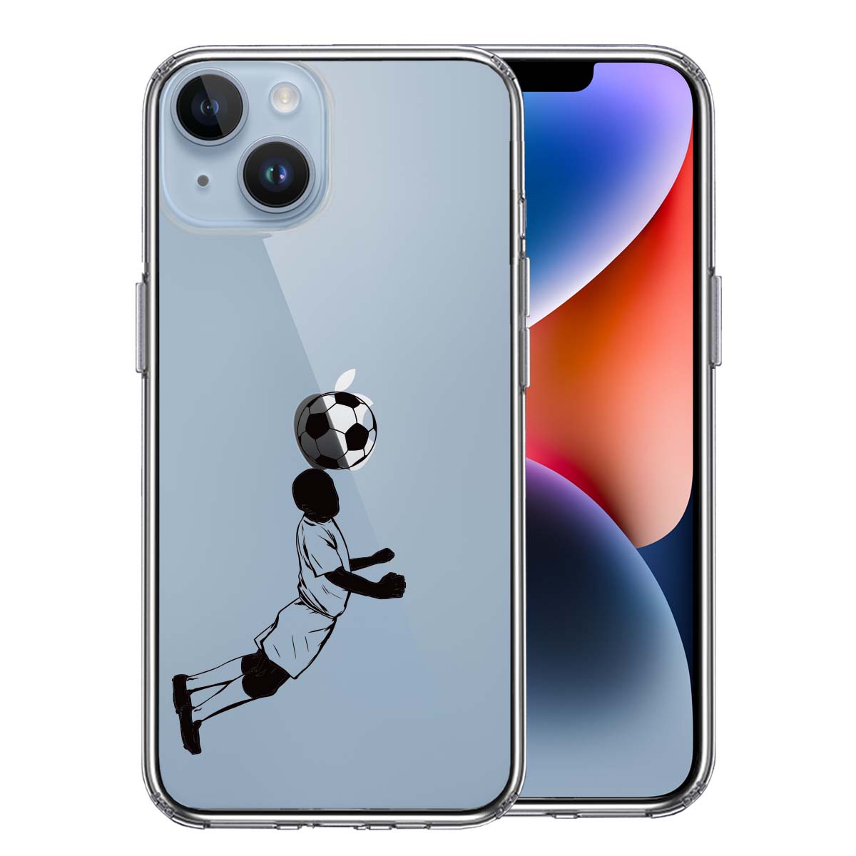 iPhone14 側面ソフト 背面ハード ハイブリッド クリア ケース サッカー ヘディング 男子 黒