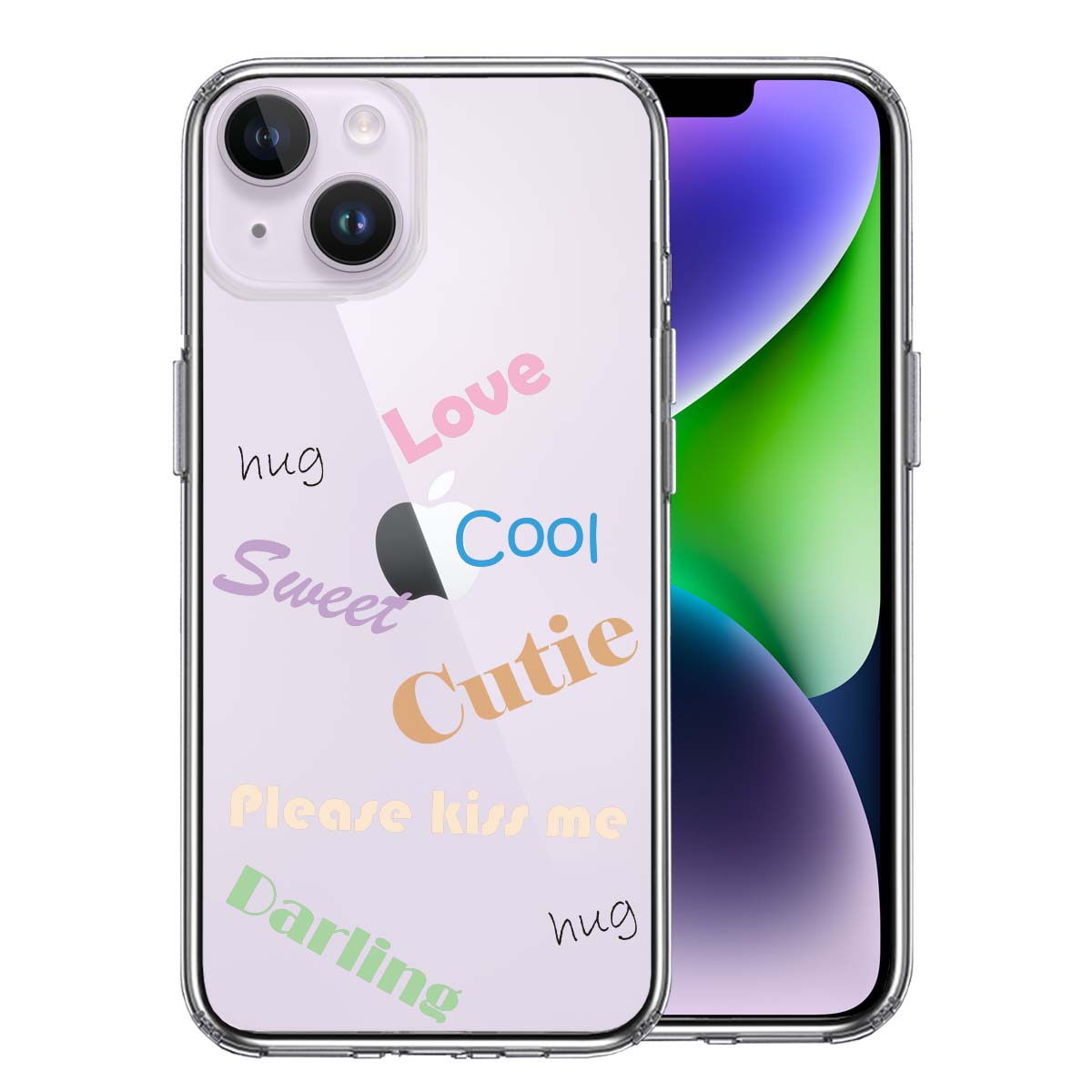 iPhone14 側面ソフト 背面ハード ハイブリッド クリア ケース Love sweet hug cutie 文字 デザイン